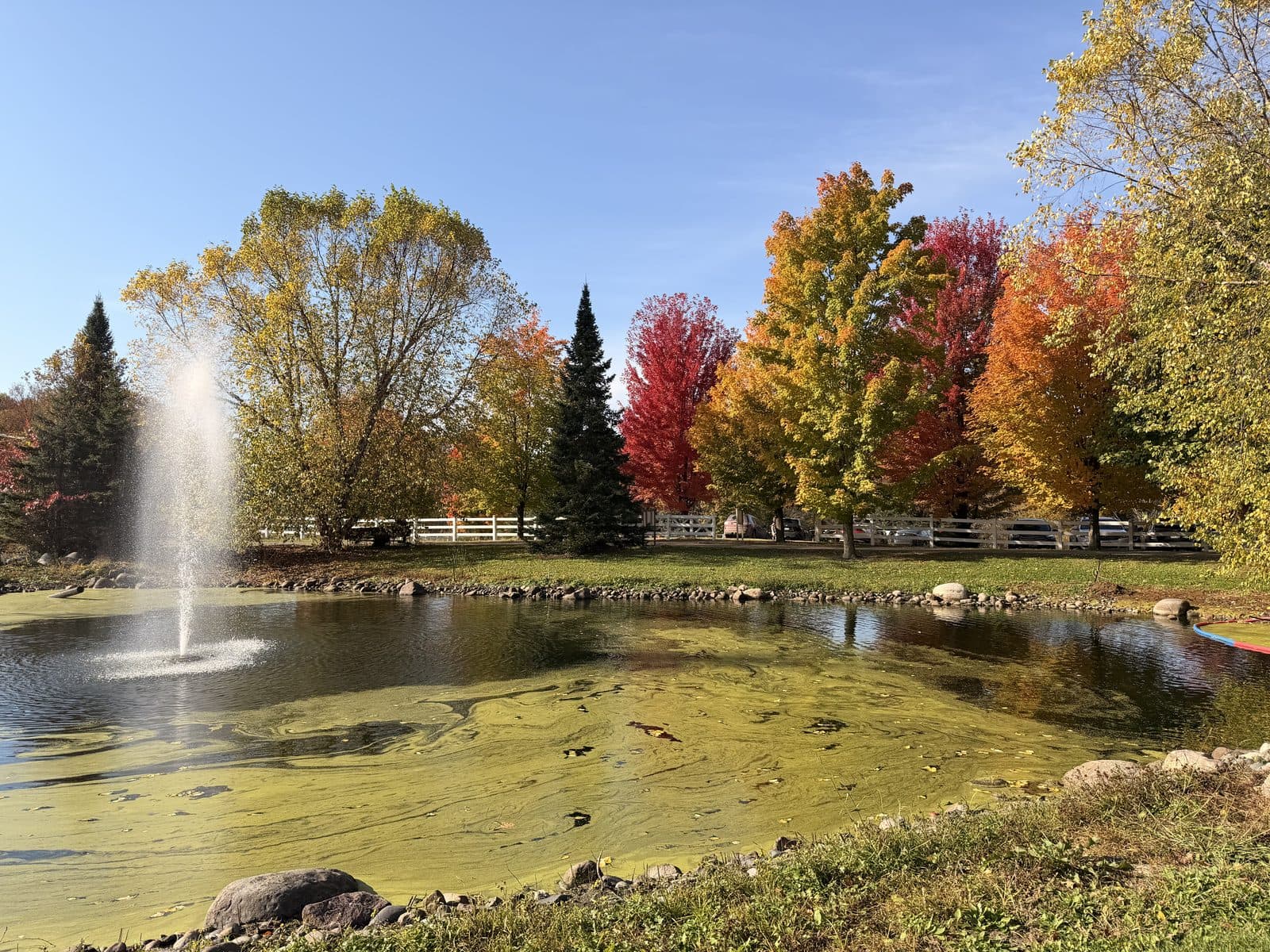 An autumn pond with a fountain, fall trees behind it